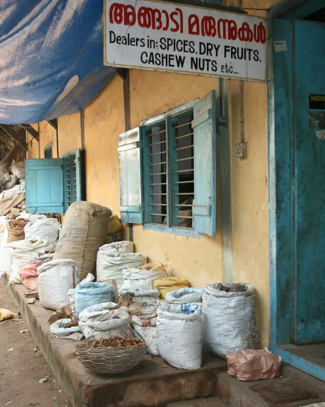 An Indian dry fruits and cashew dealer's shop with sacks of produce
